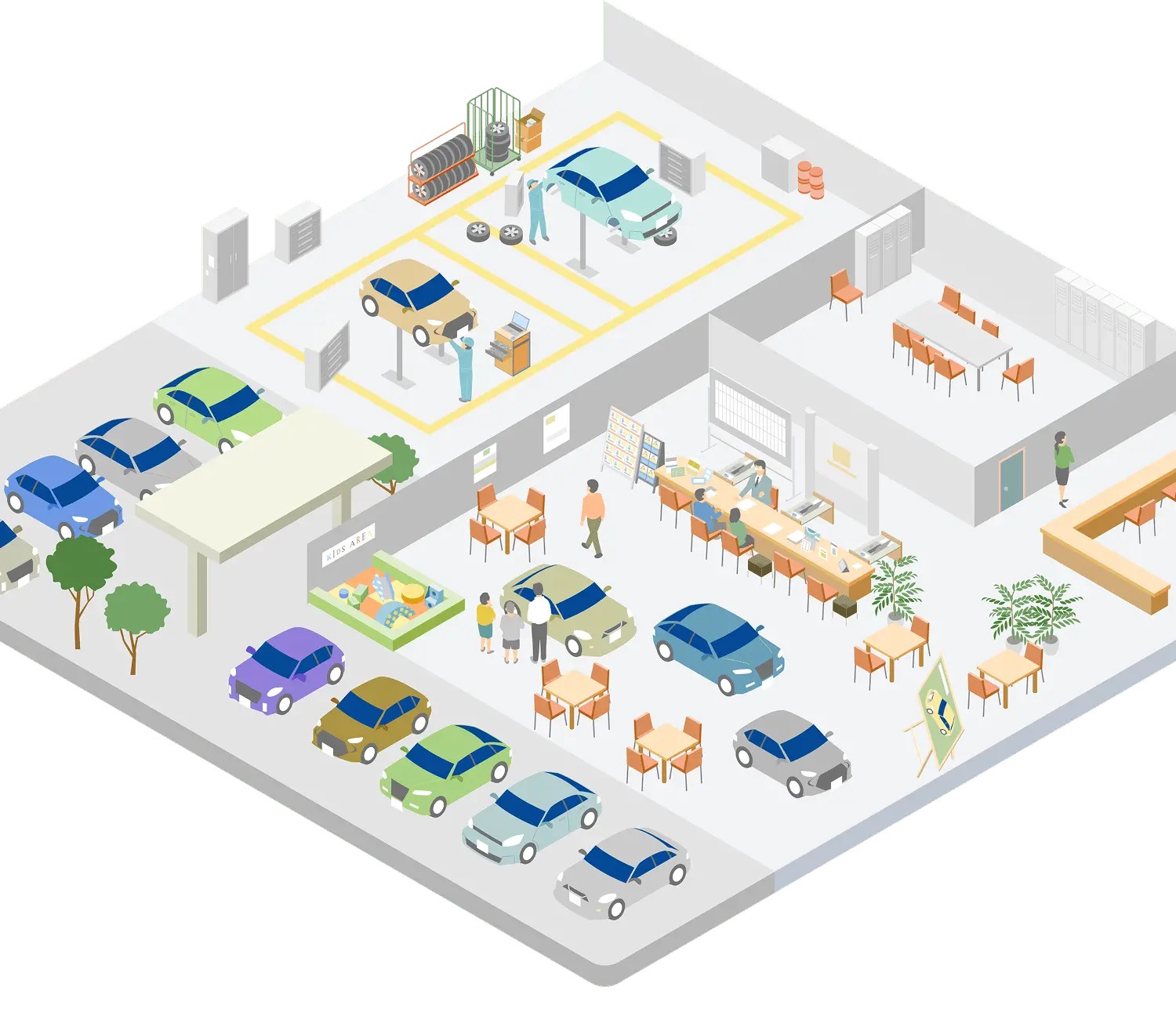 街の地図と施設が描かれたイラスト画像