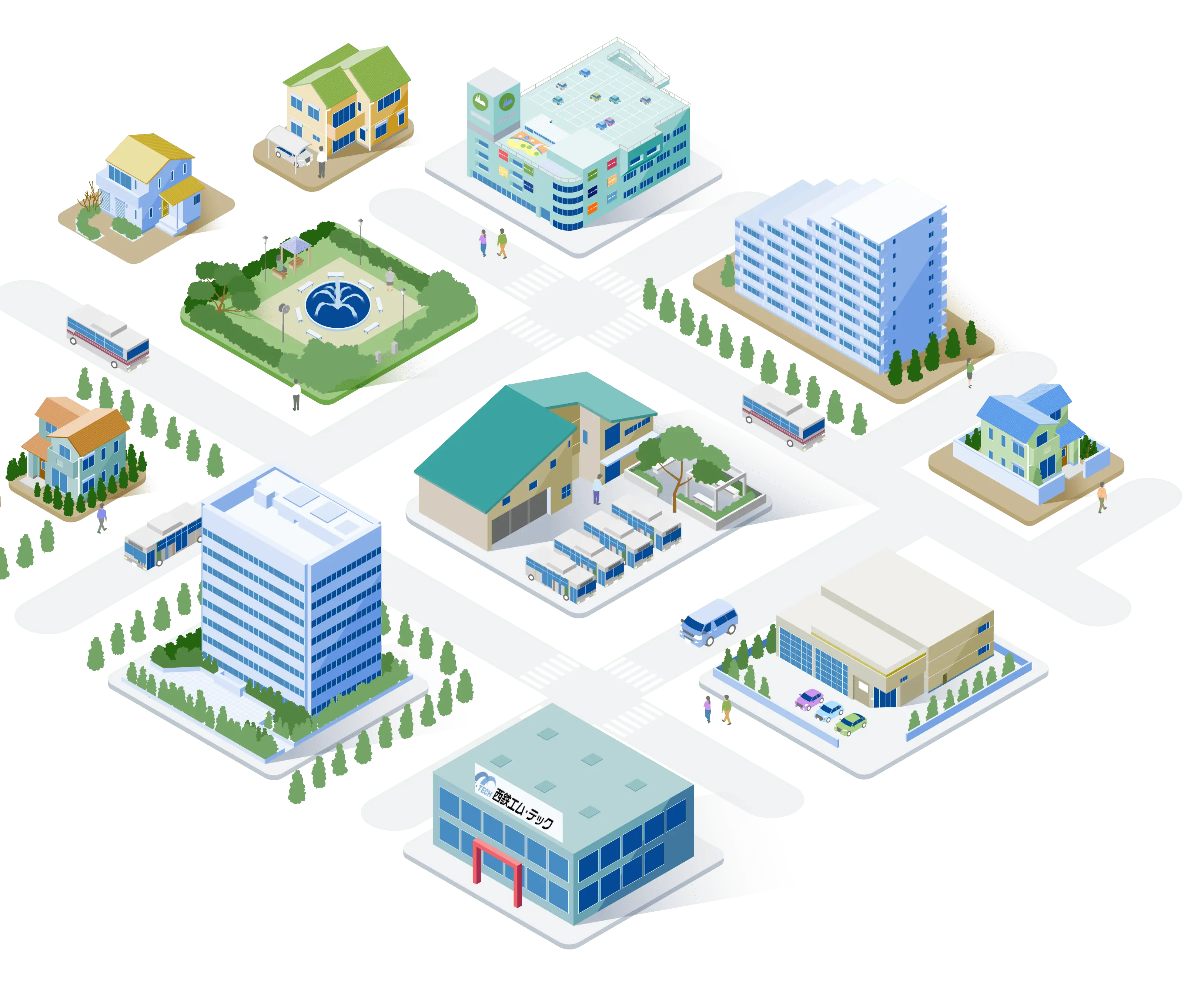 街並みと建物が並ぶ俯瞰イラスト