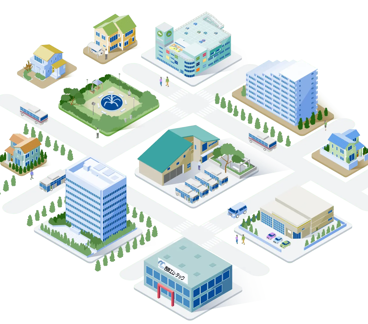 街並みと建物が並ぶ俯瞰イラスト